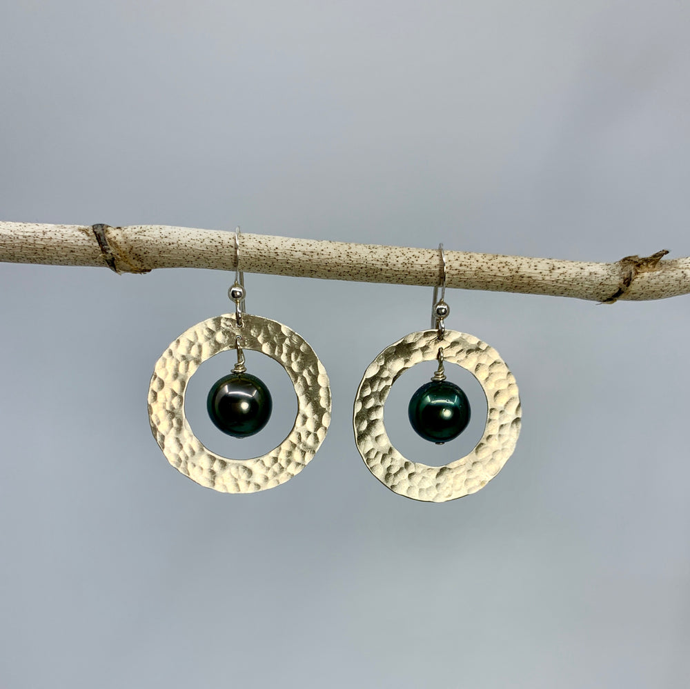 Saturn Earrings - Tahitian Pearl + Goldfill