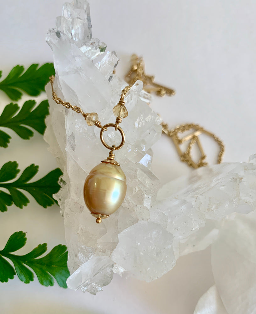 
                
                    Load image into Gallery viewer, Golden South Sea Pearl + Citrine Accent Necklace
                
            