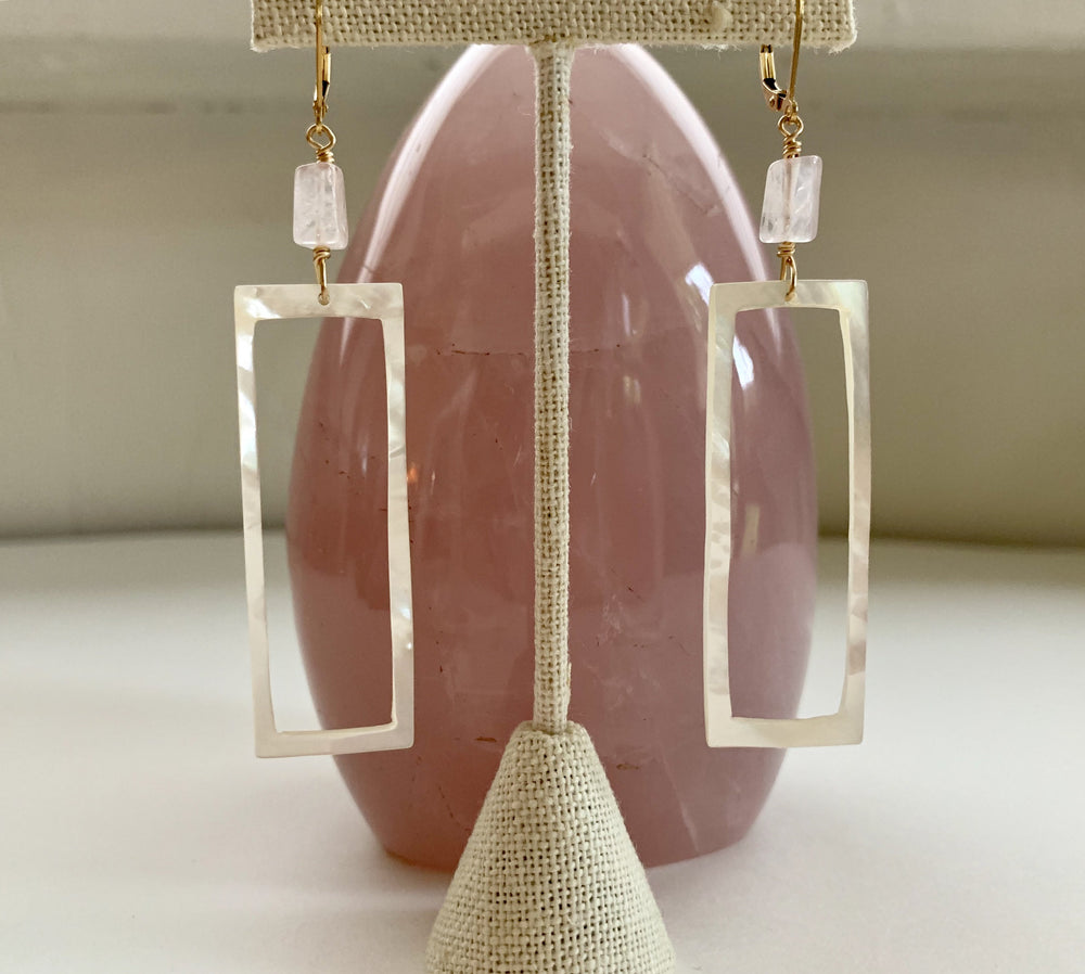 Rose Quartz and Mother of Pearl Long Rectangle Earrings - Water Element Creations