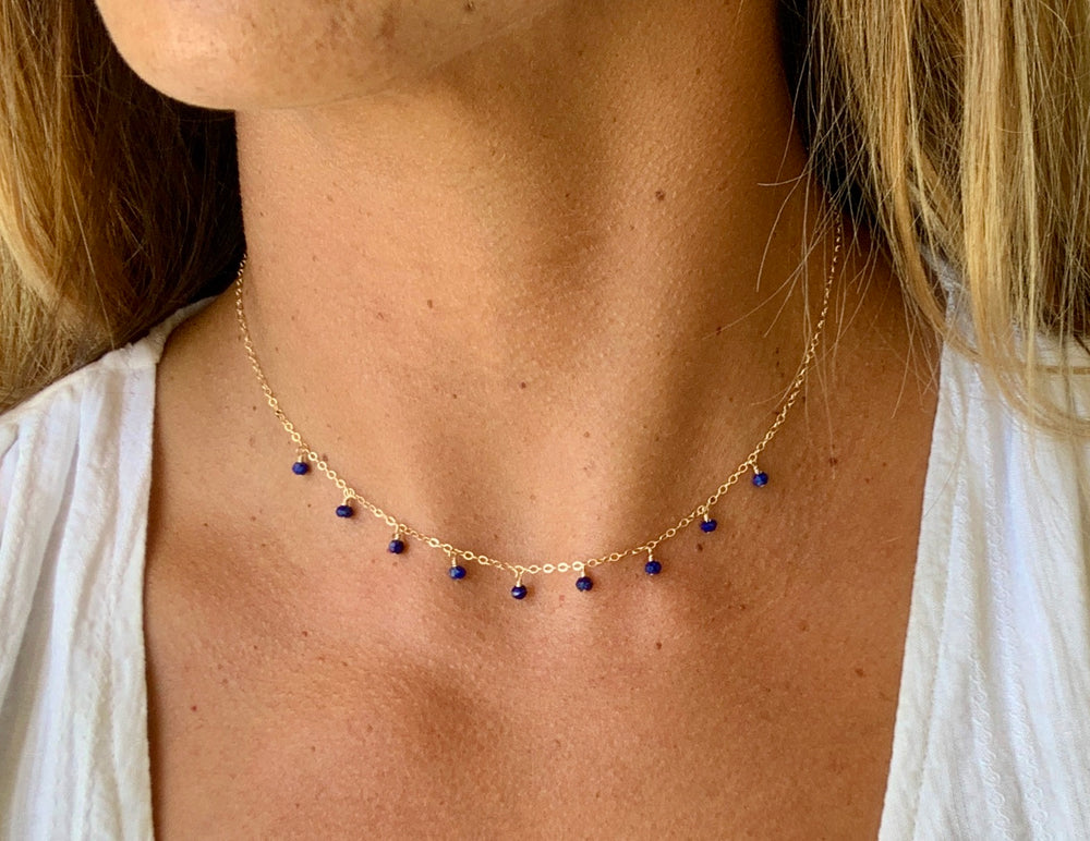 
                
                    Load image into Gallery viewer, Lapis Lazuli Dangle Short Necklace - 9 Stone
                
            