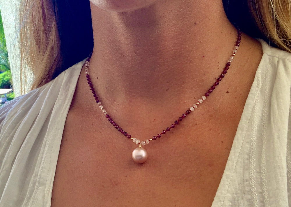 Garnet + Rose Quartz + Pink Edison Pearl Hand-knotted Necklace