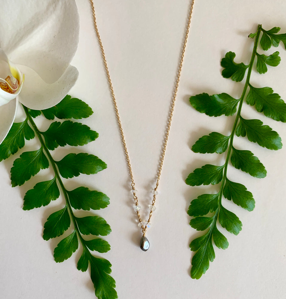 Tahitian Mini Keshi Pearl + 6 Stone Necklace - Moonstone