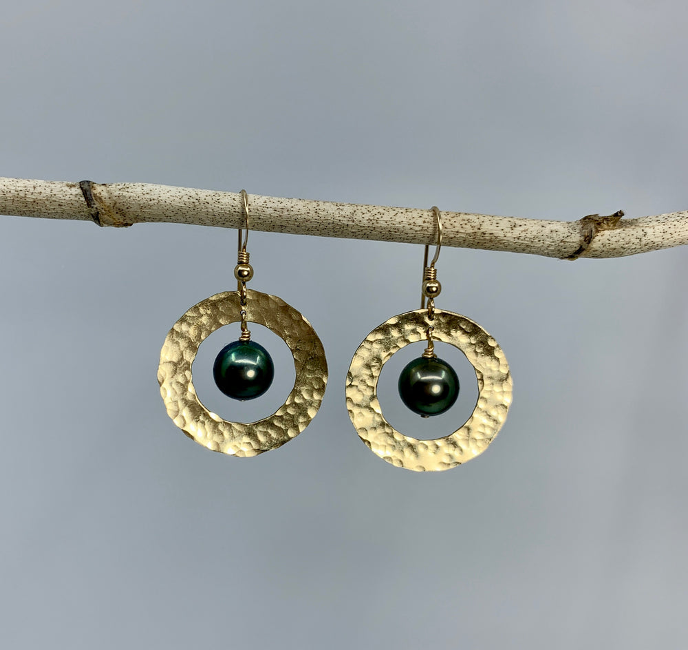 Saturn Earrings - Tahitian Pearl & Gold